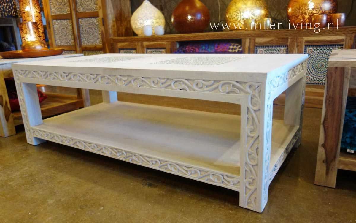 Indiase witte salontafel van hout - oosters houtsnijwerk