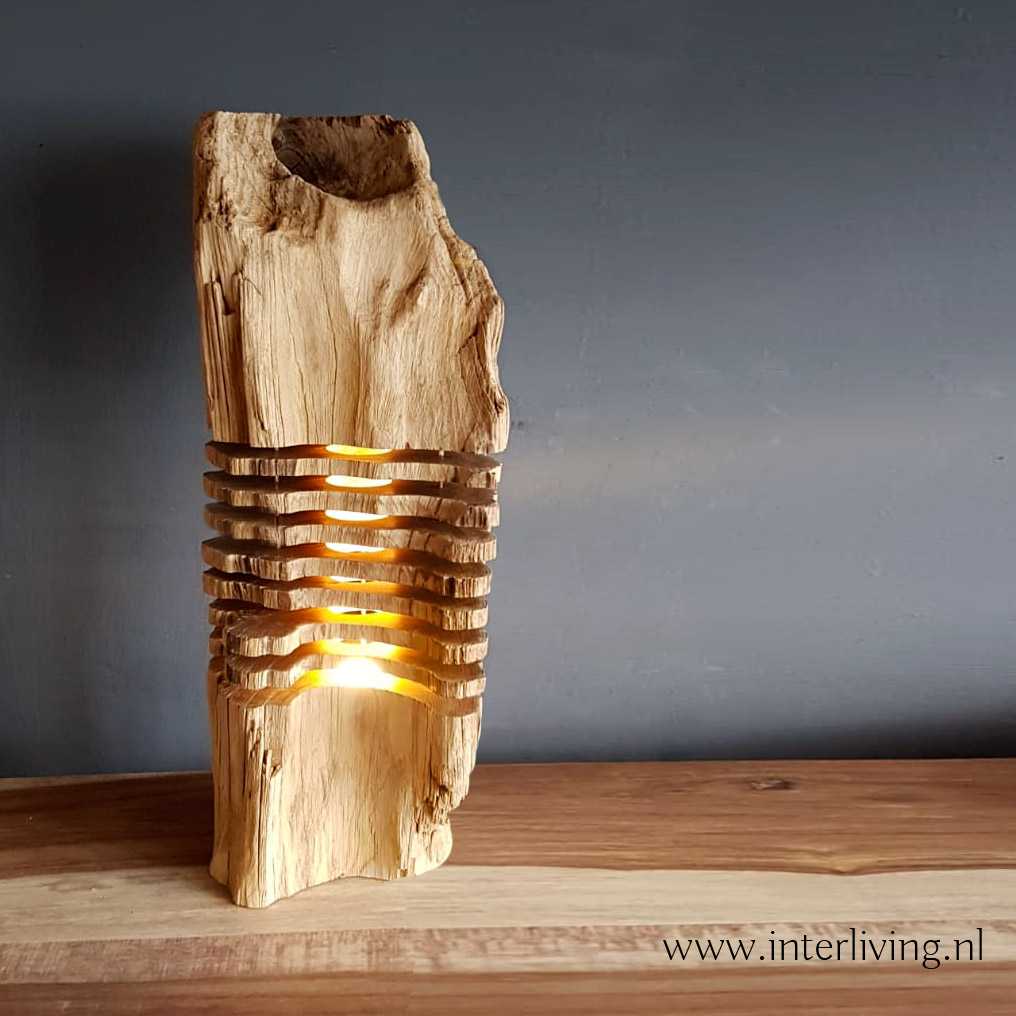 klem Soeverein af hebben Tafellamp "Botanica" gemaakt van oud teak hout - rechthoekig zuil model